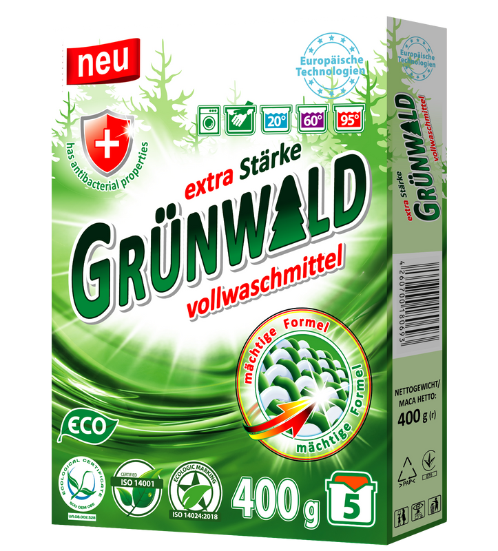 Порошок пральний безфосфатний GRÜNWALD універсальний Гірська Свіжість 400 г